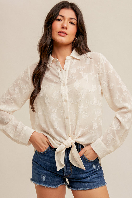 Tie Waist Chiffon Button Down Top - Cream