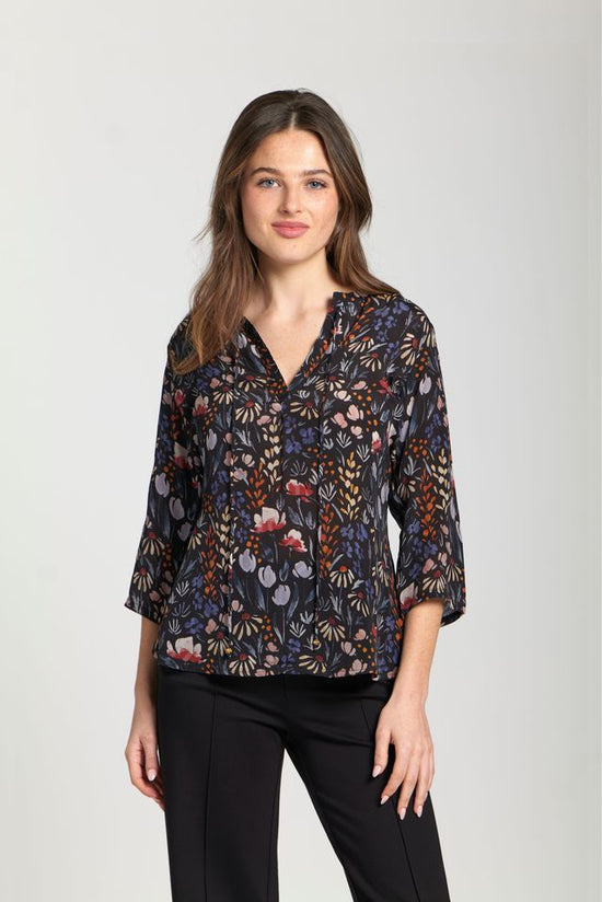 Tie Front Floral Print Top with 3/4 Sleeves- Black Multi