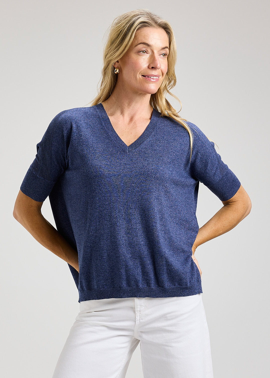 Short Sleeved V-Neck Sweater - Denim