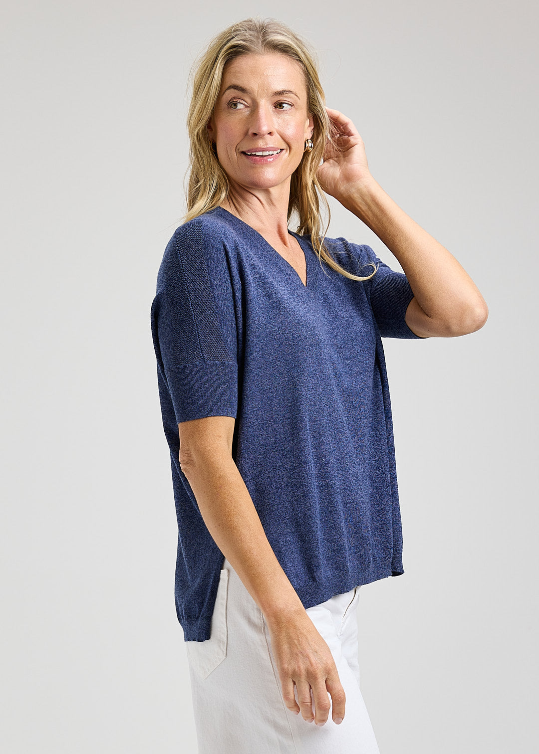 Short Sleeved V-Neck Sweater - Denim