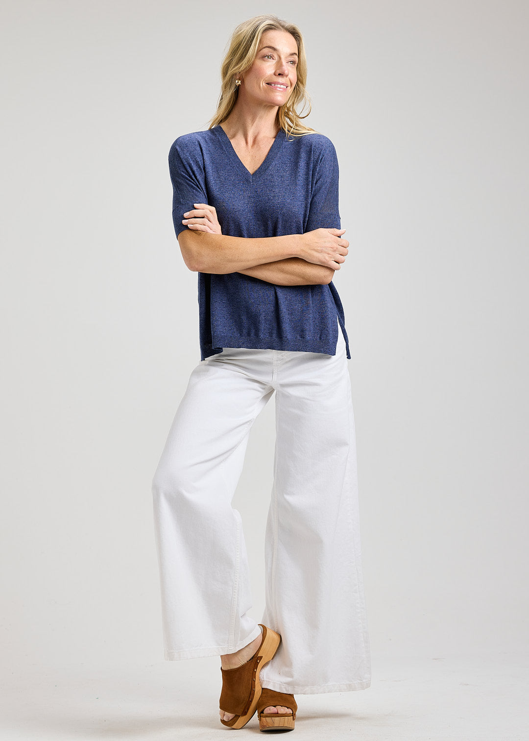 Short Sleeved V-Neck Sweater - Denim