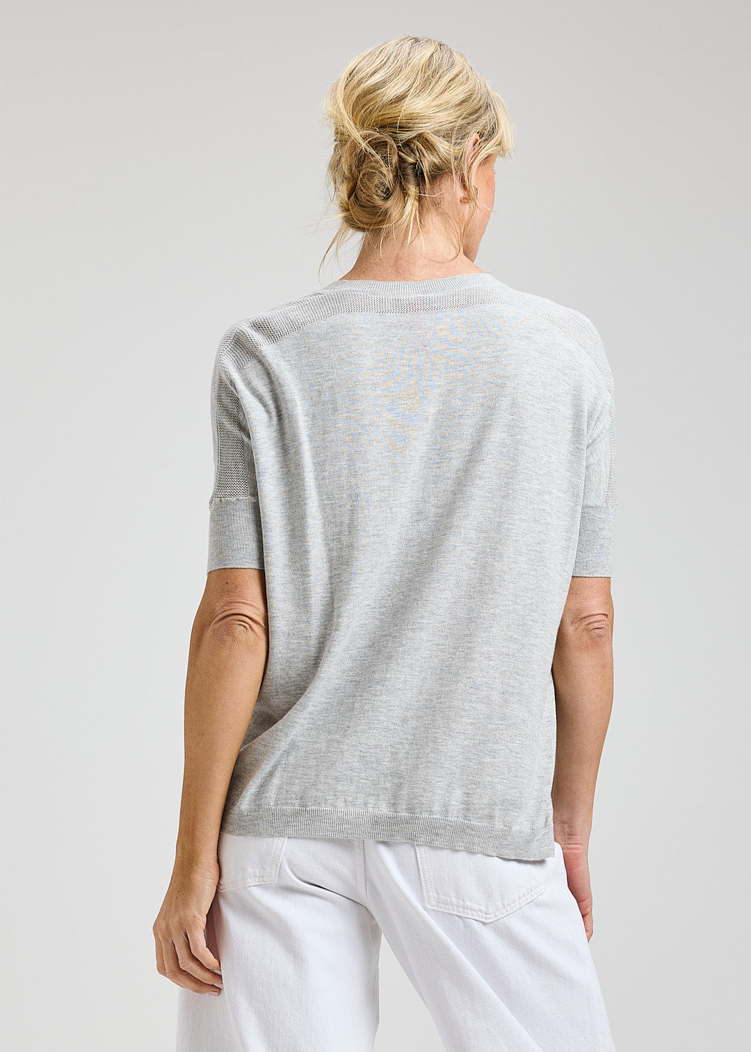 Short Sleeved V-Neck Sweater - Grey Marle