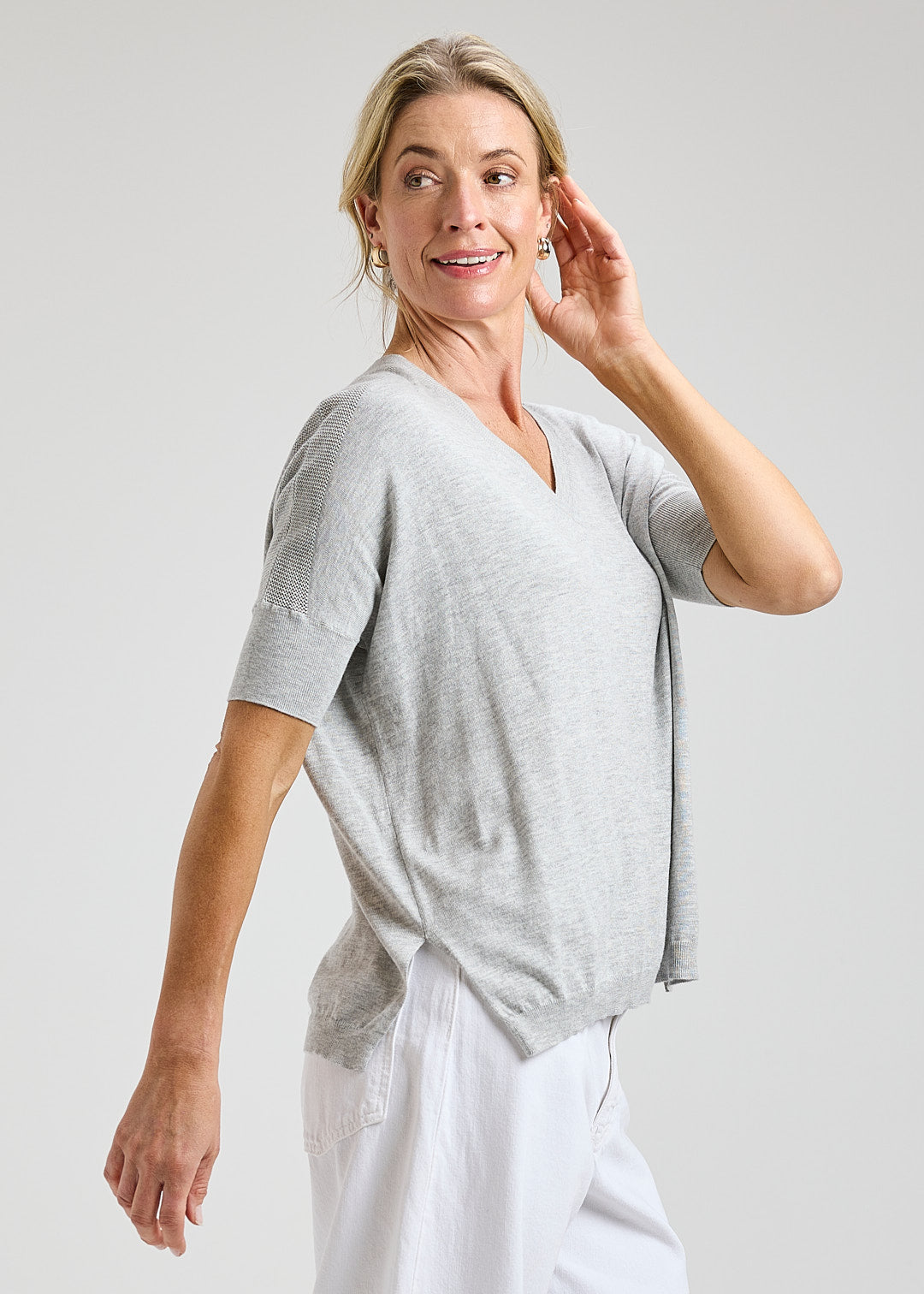 Short Sleeved V-Neck Sweater - Grey Marle