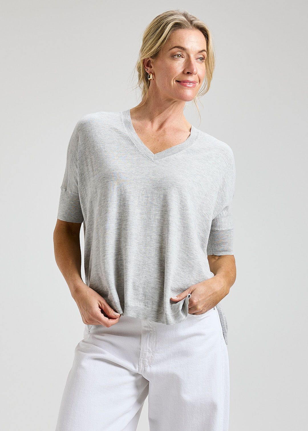 Short Sleeved V-Neck Sweater - Grey Marle