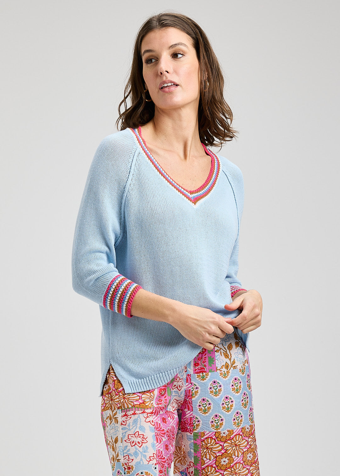 V-Neck Sweater with Embroidered Edge - Pewter