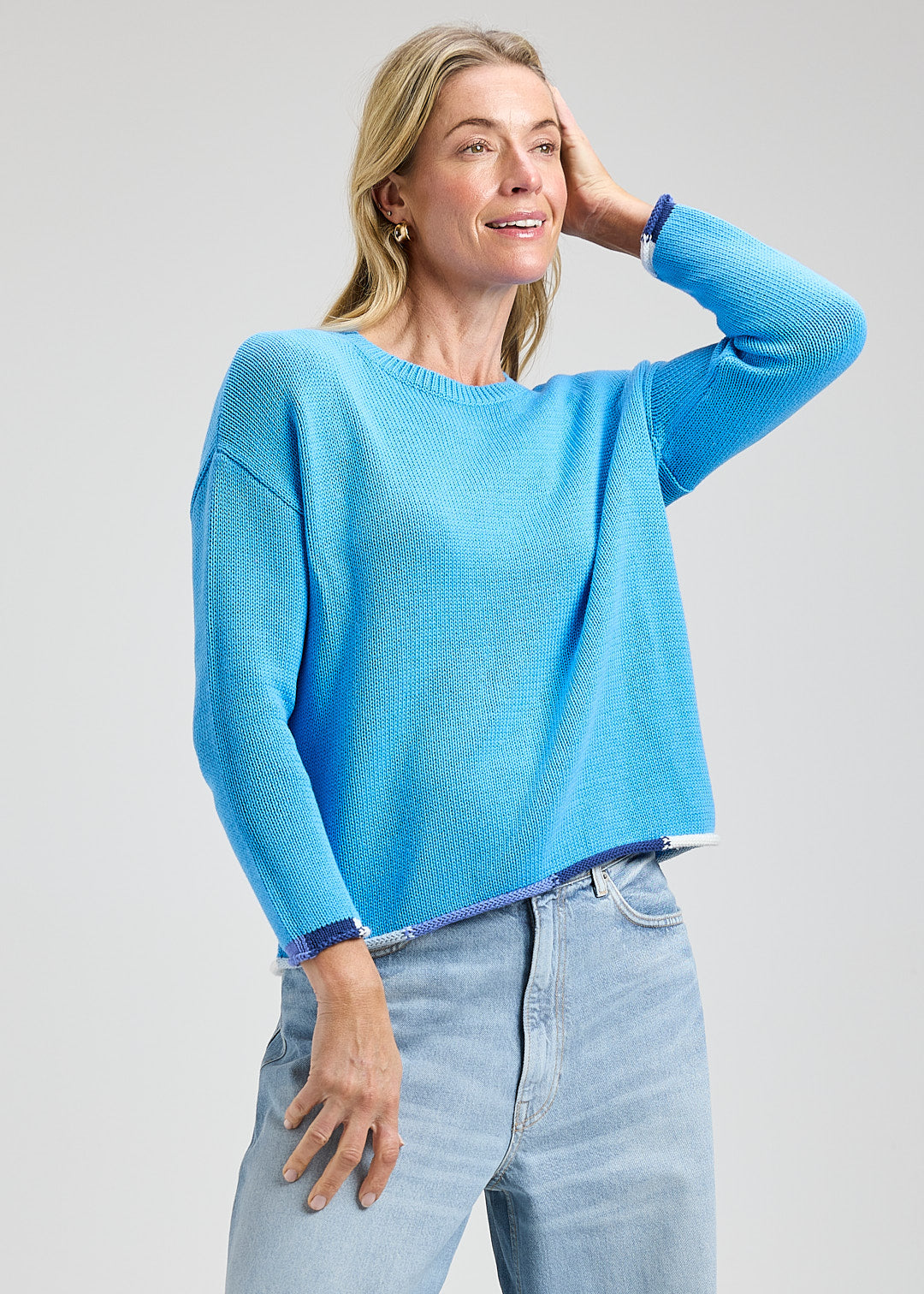 Crew Neck Sweater with Contrast Roll Hem - Azure