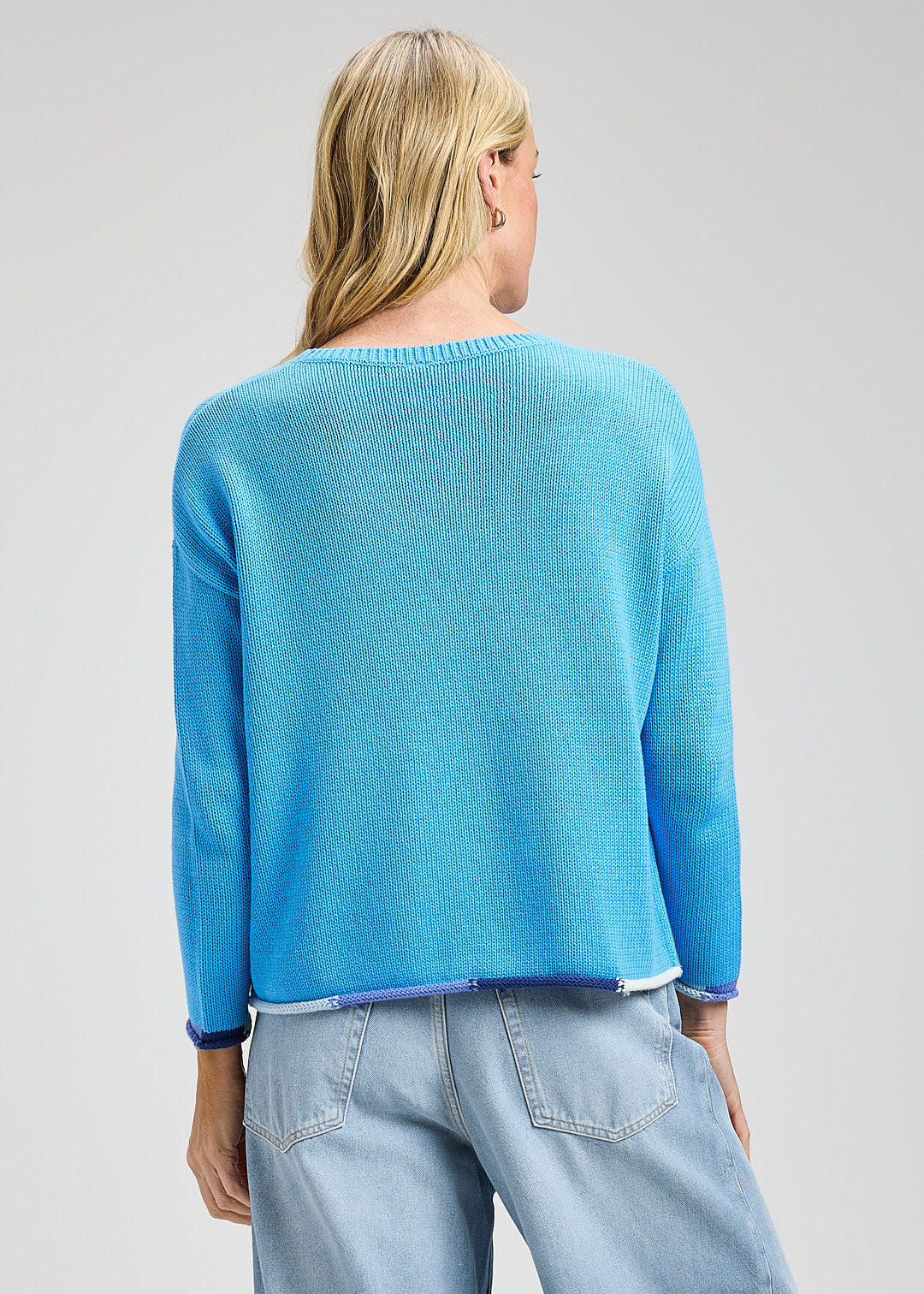 Crew Neck Sweater with Contrast Roll Hem - Azure