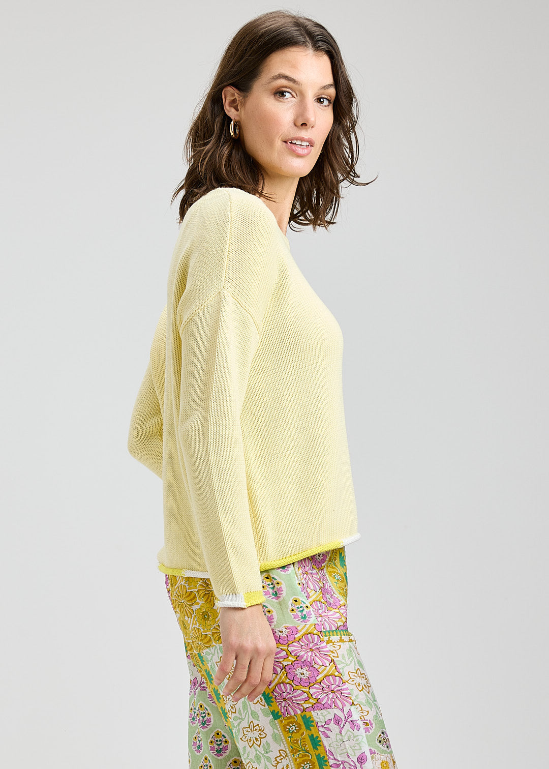 Crew Neck Sweater with Contrast Roll Hem - Butter