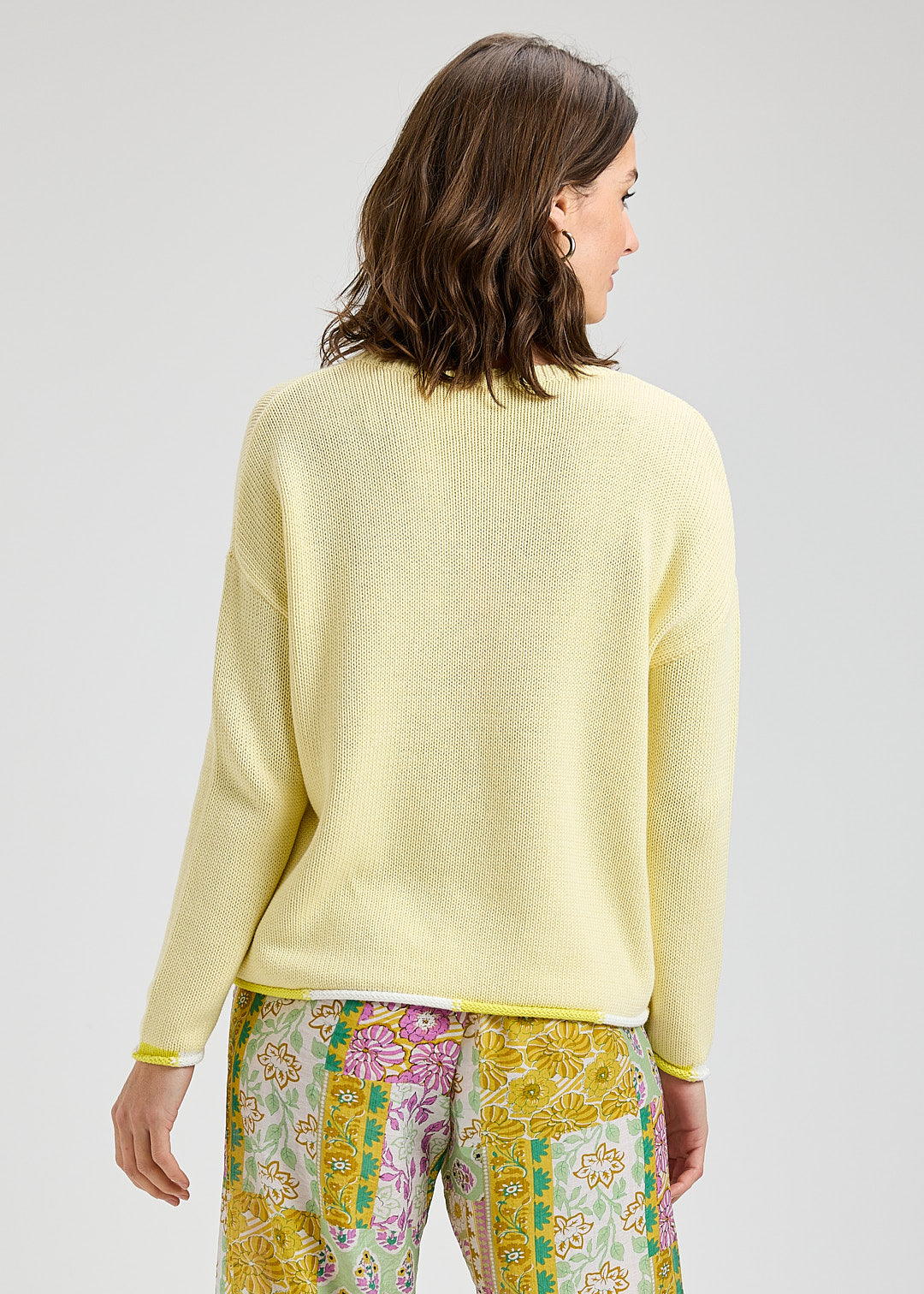 Crew Neck Sweater with Contrast Roll Hem - Butter