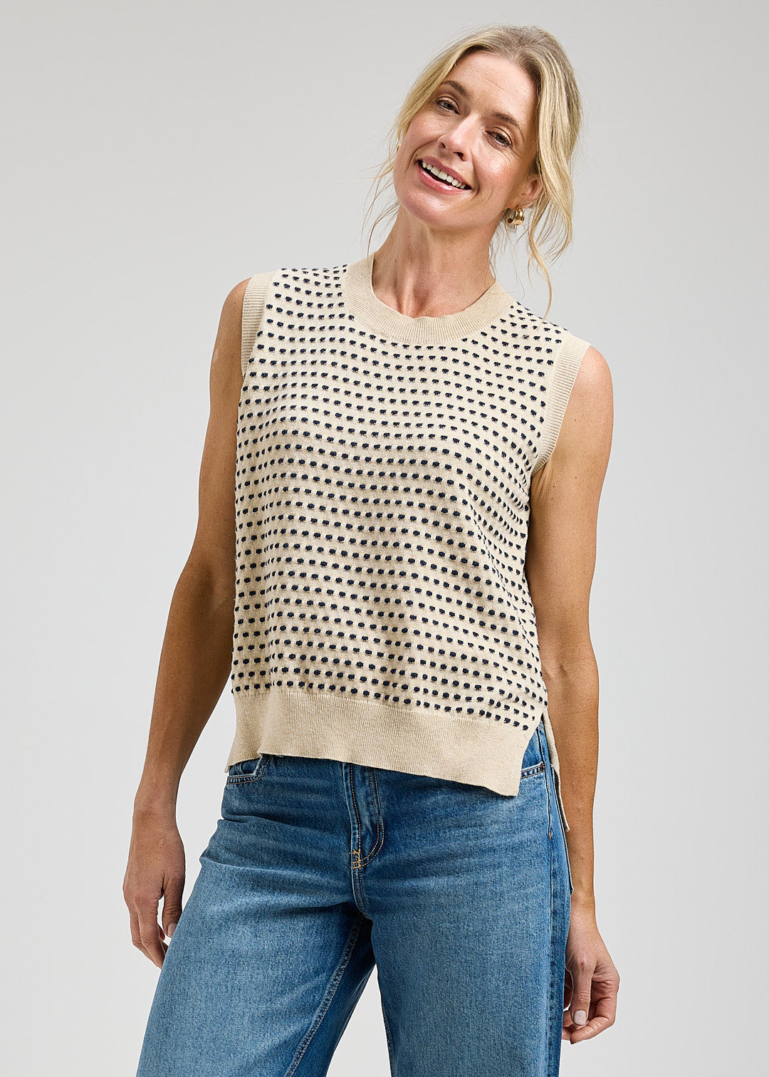 Knit Vest with Black Dots - Oat