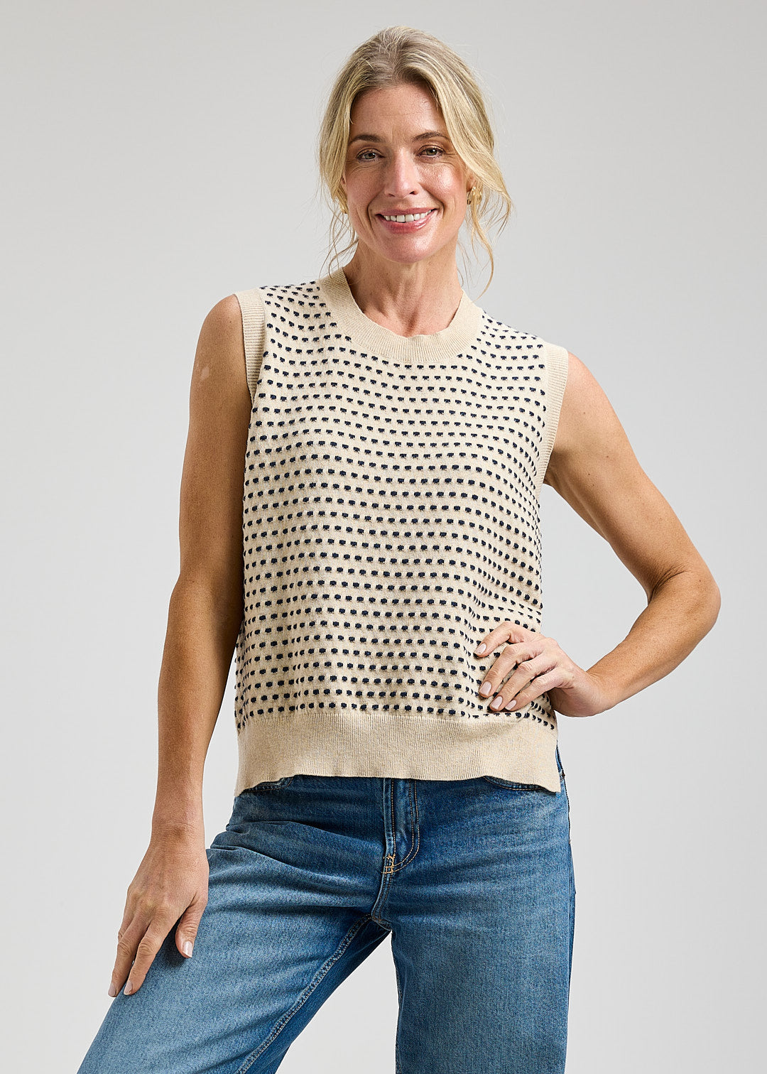 Knit Vest with Black Dots - Oat