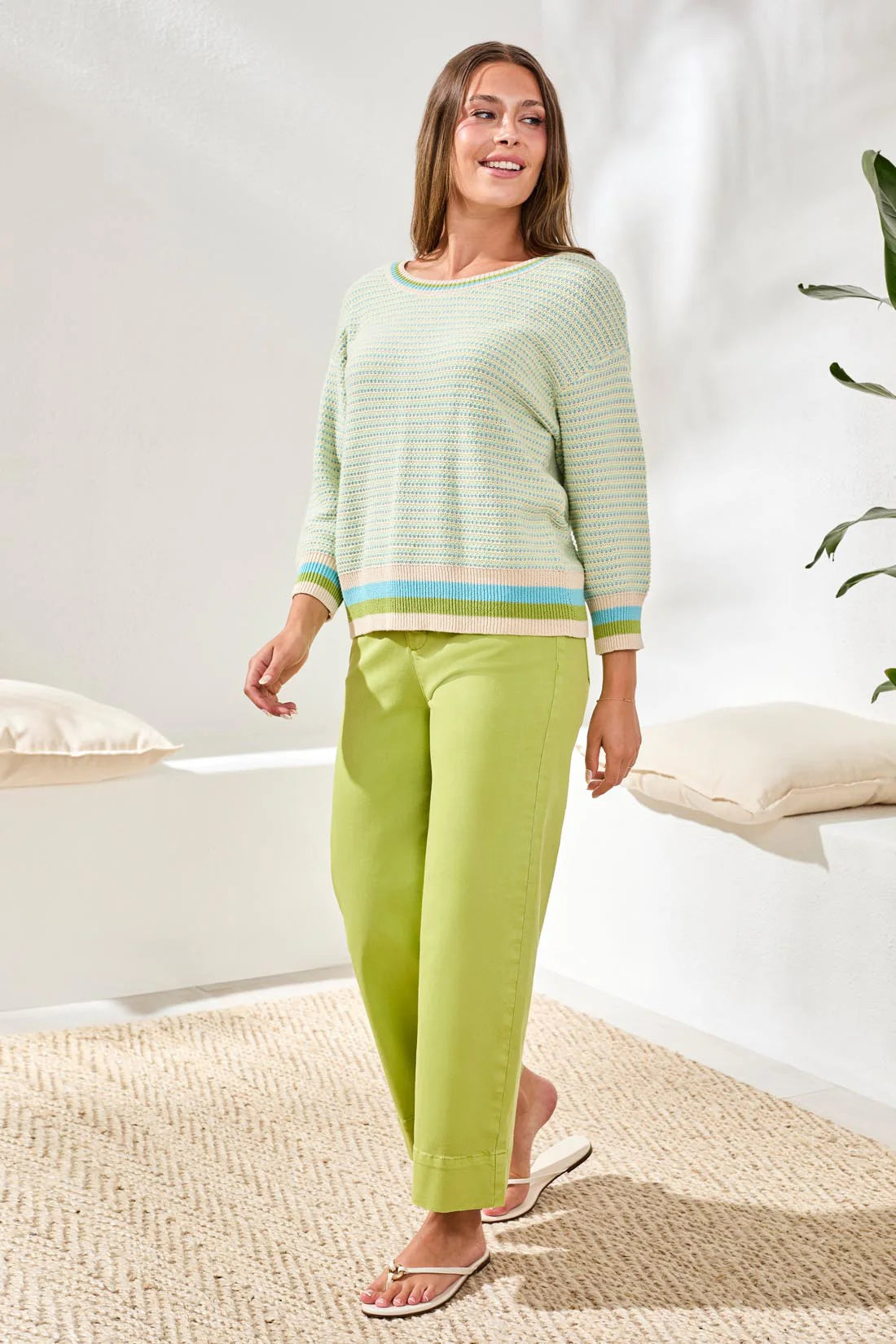Scoop Neck Sweater with 3/4 Sleeves - Aqua Sky