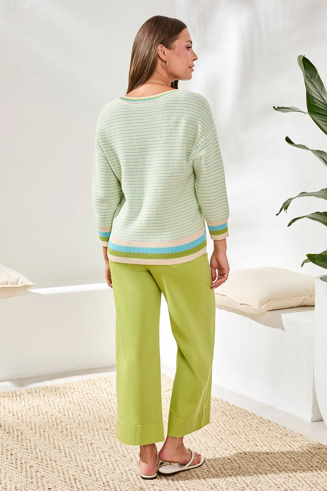Scoop Neck Sweater with 3/4 Sleeves - Aqua Sky