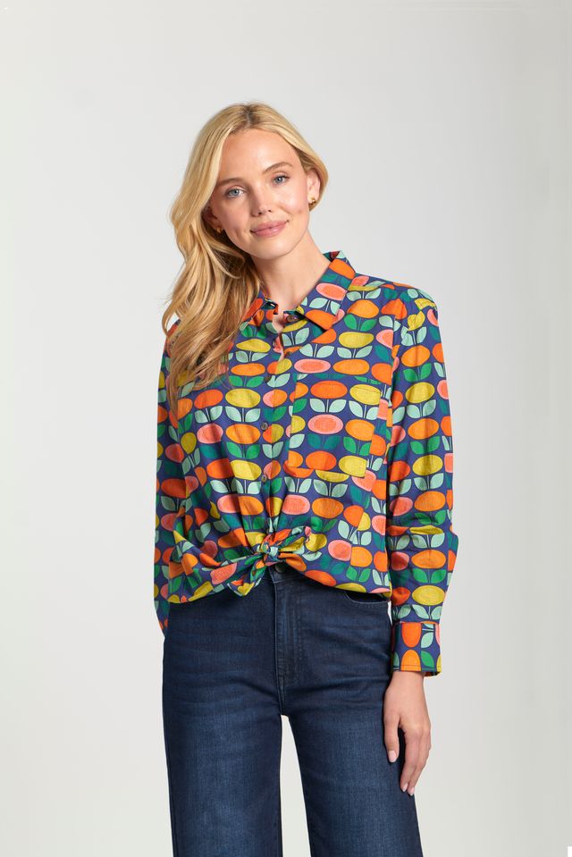 Long Sleeve Floral Print Top with Waist Tie - Navy Multi