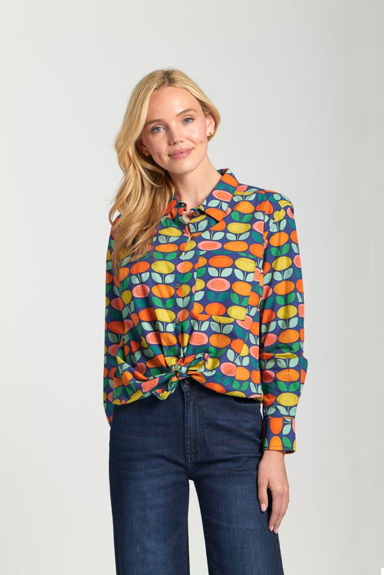 Long Sleeve Floral Print Top with Waist Tie - Navy Multi
