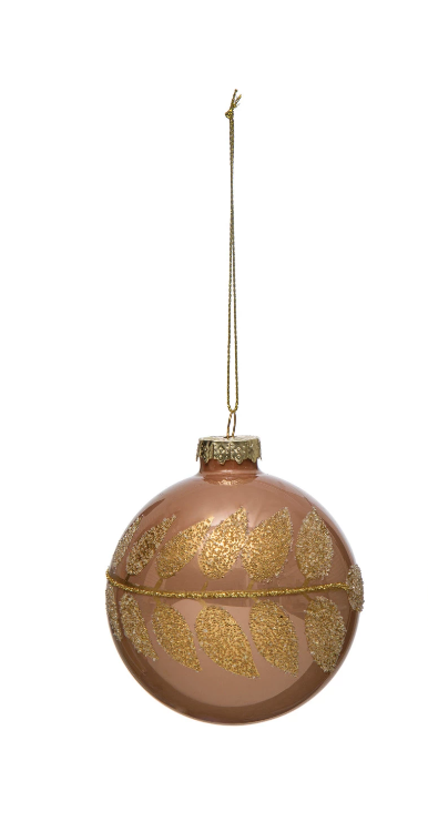 Glass Ball Ornament - Pink & Gold Leaf Pattern