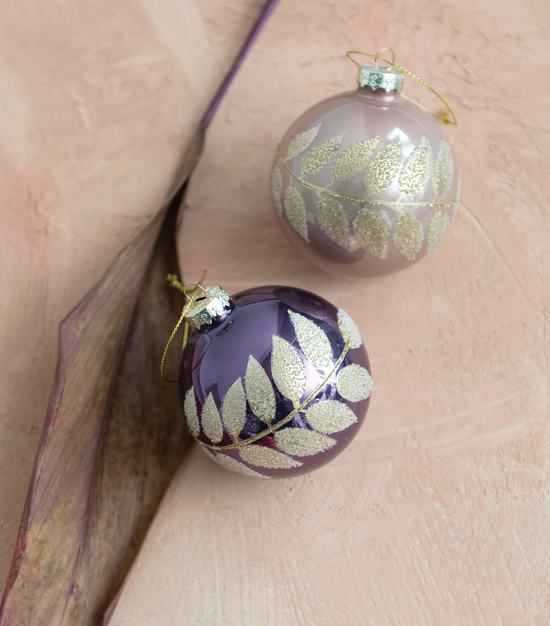 Glass Ball Ornament - Pink & Gold Leaf Pattern