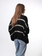 Open Cardigan Sweater with Gold Stripe - Black O/S