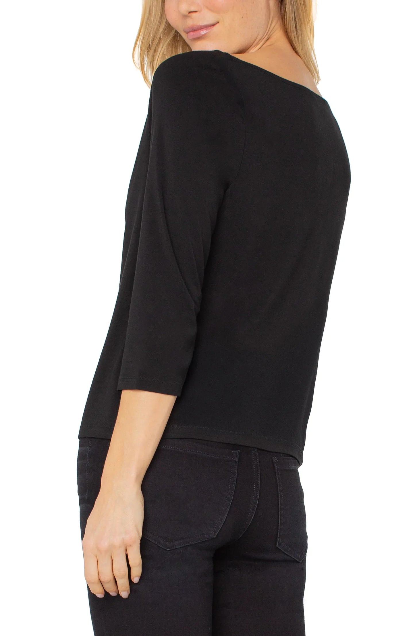 Drape Neck Top with 3/4 Sleeves - Black