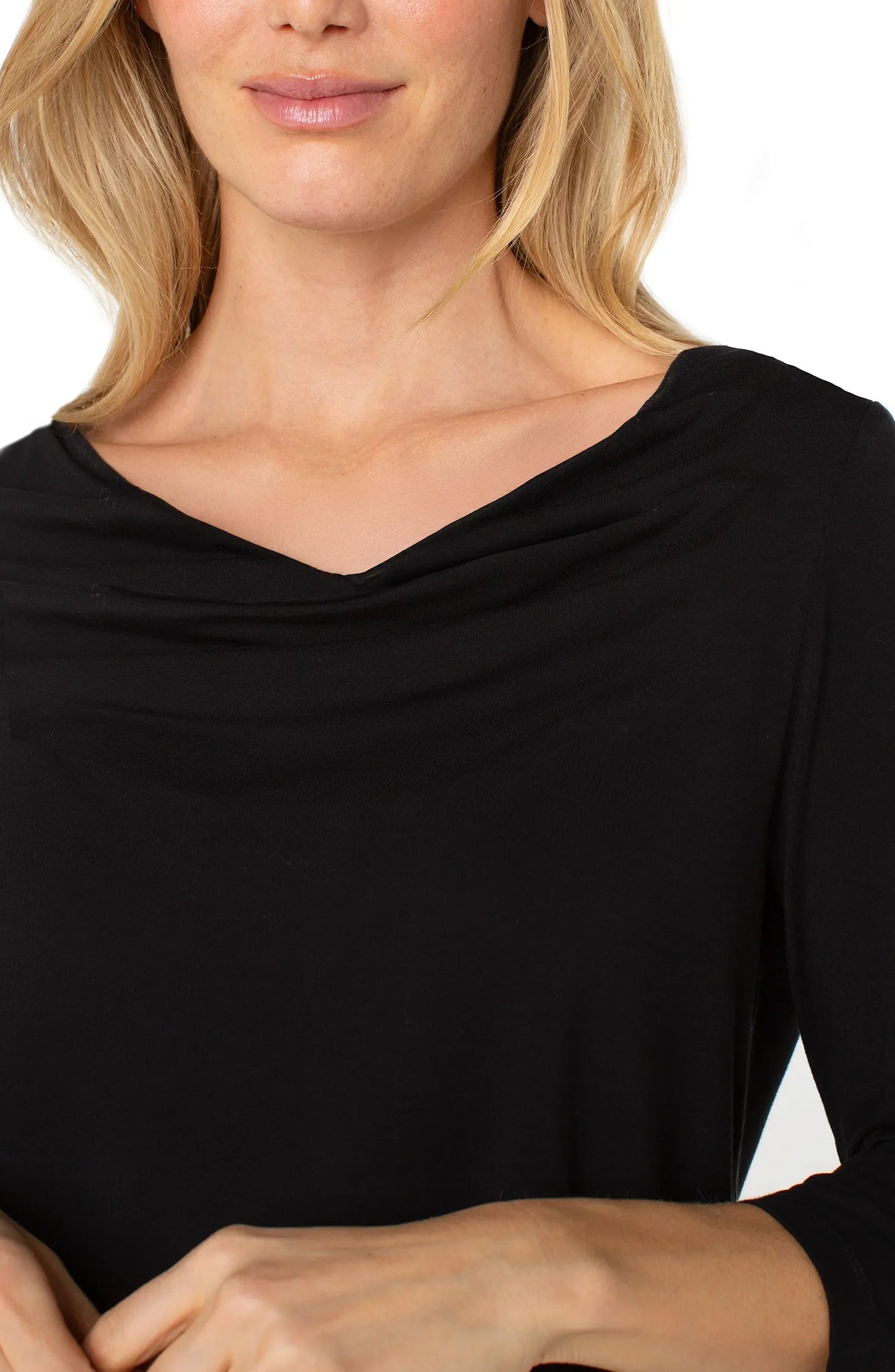 Drape Neck Top with 3/4 Sleeves - Black
