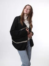 Open Cardigan Sweater with Gold Stripe - Black O/S