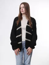 Open Cardigan Sweater with Gold Stripe - Black O/S