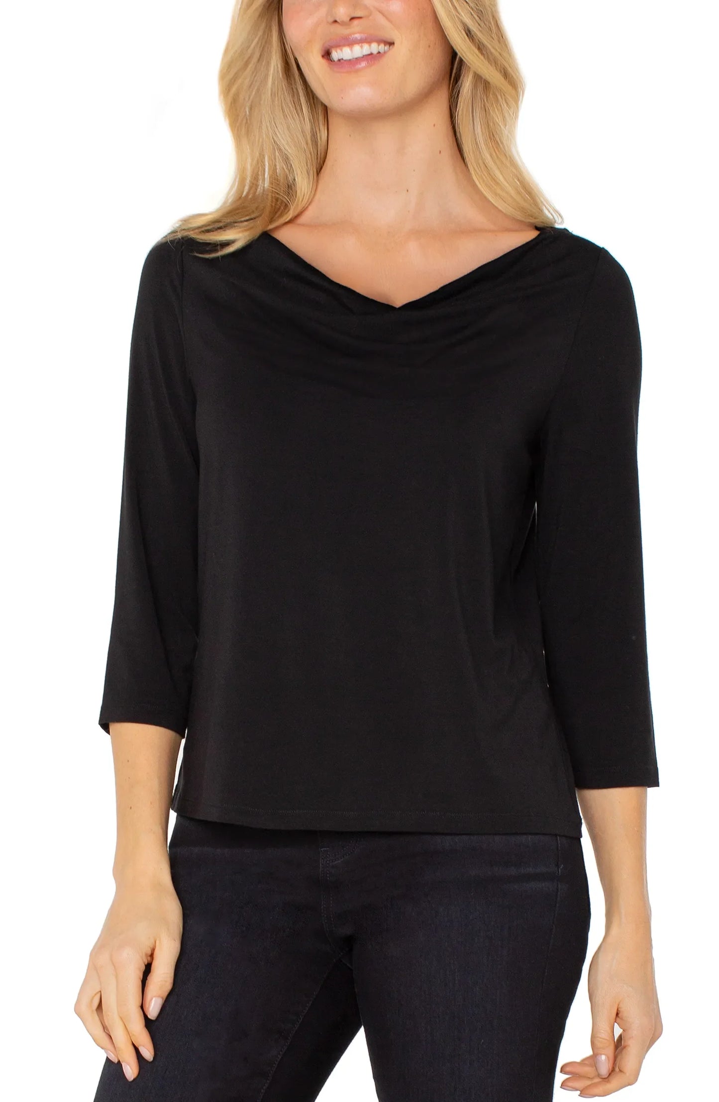 Drape Neck Top with 3/4 Sleeves - Black