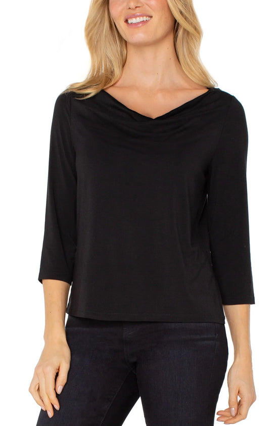 Drape Neck Top with 3/4 Sleeves - Black