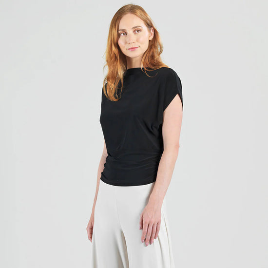 Side Ruched Boat Neck Top - Black