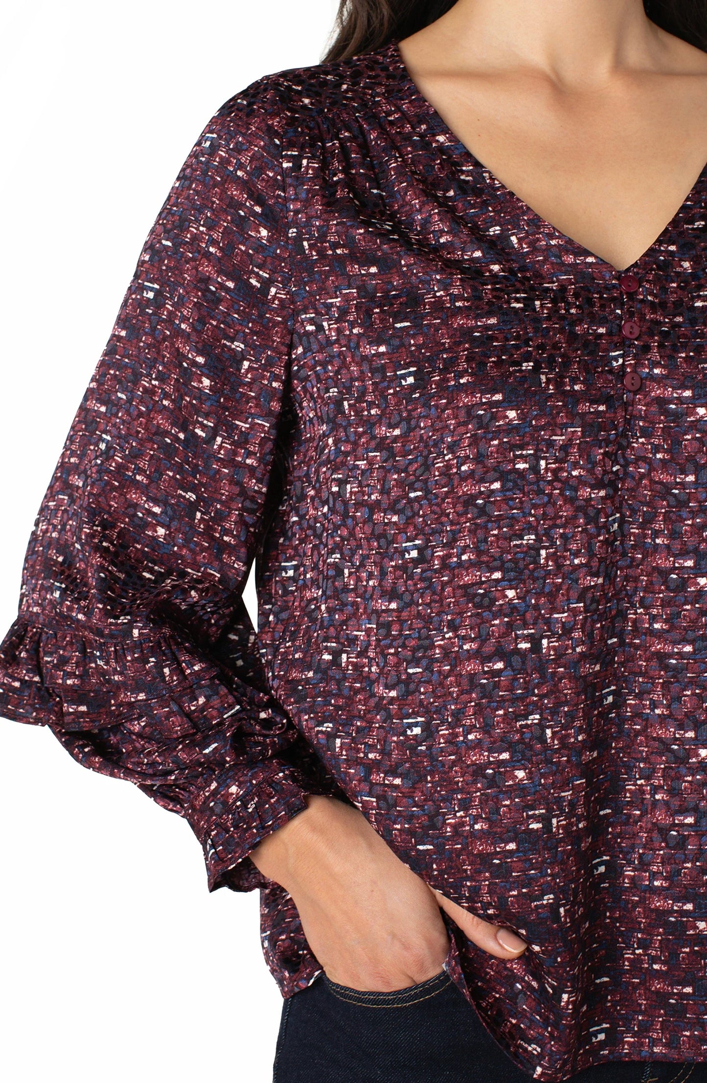 Long Sleeve Top with Puff Sleeves - Burgundy