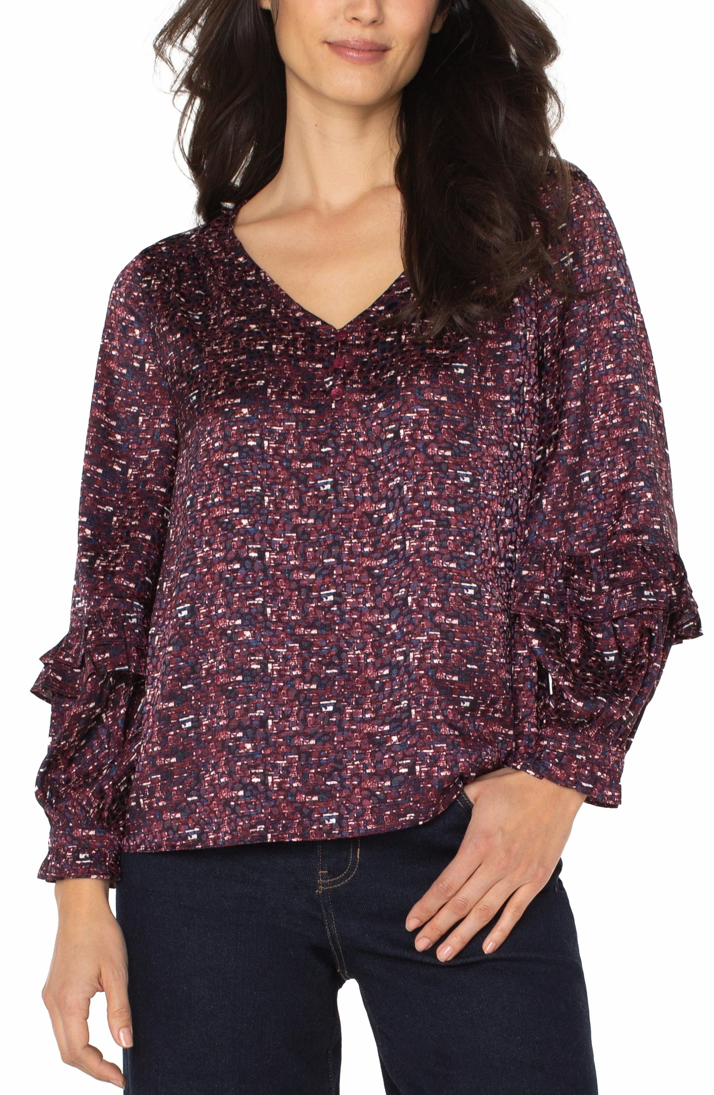 Long Sleeve Top with Puff Sleeves - Burgundy