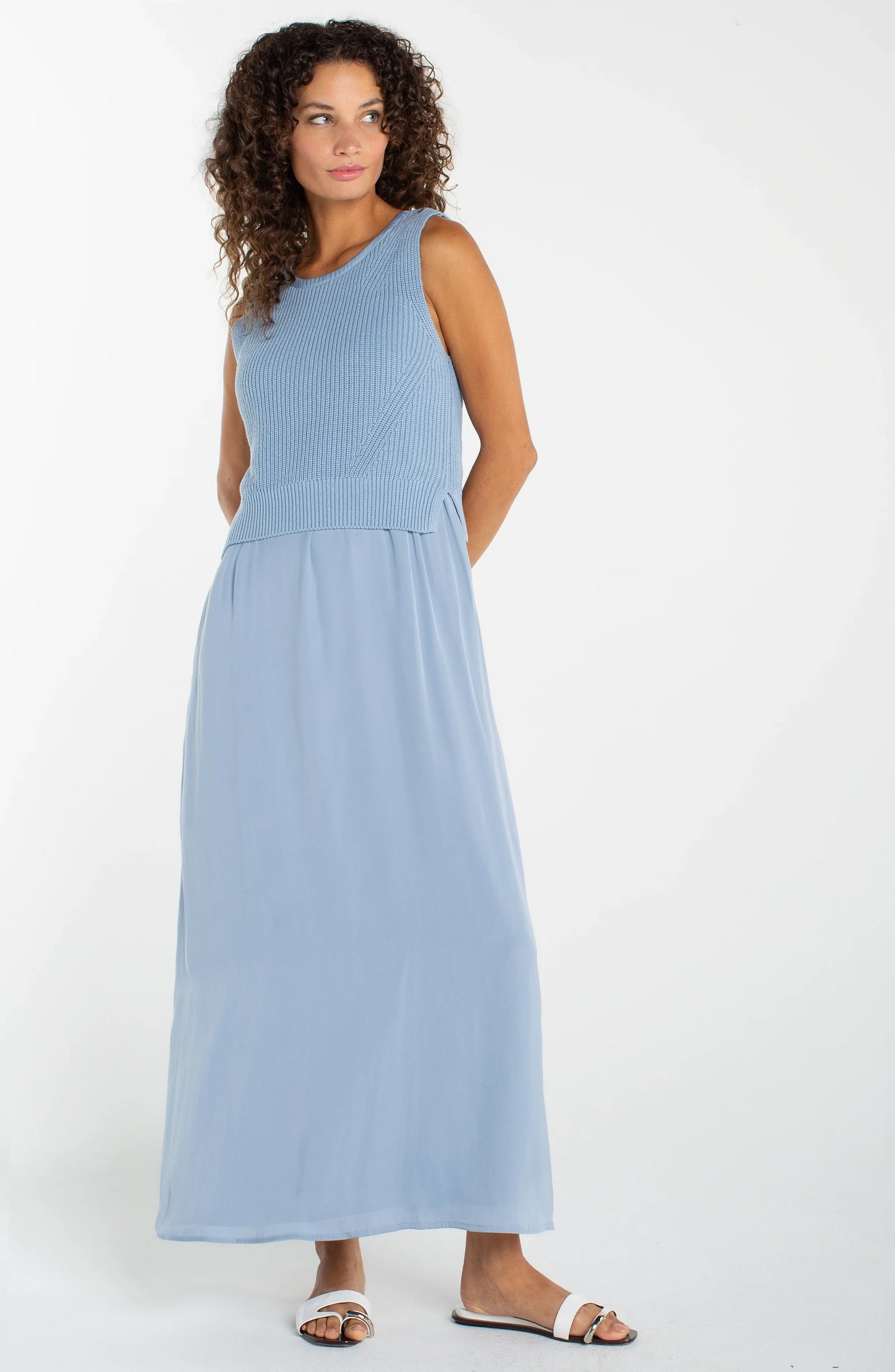 Sleeveless Woven Dress with Knit Bodice - Malibu Blue
