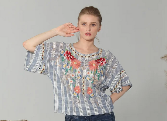 Textured Plaid Embroidered Tee - Chambray