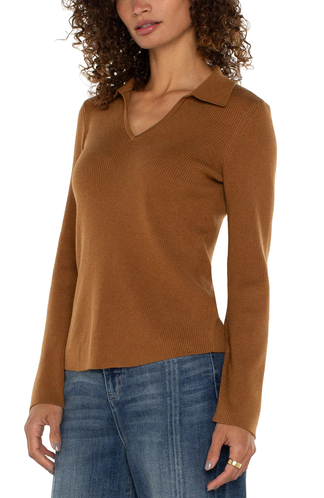 Long Sleeve V-Neck Collared Sweater - Tumeric