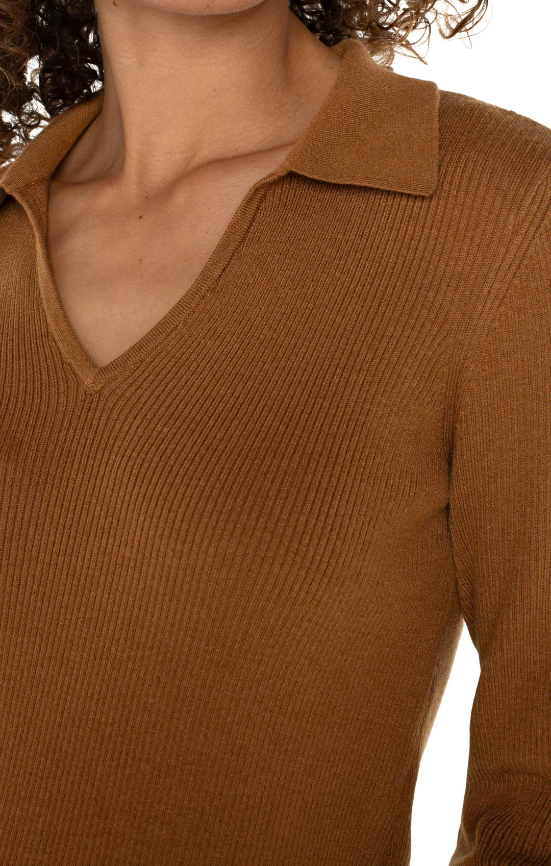 Long Sleeve V-Neck Collared Sweater - Tumeric