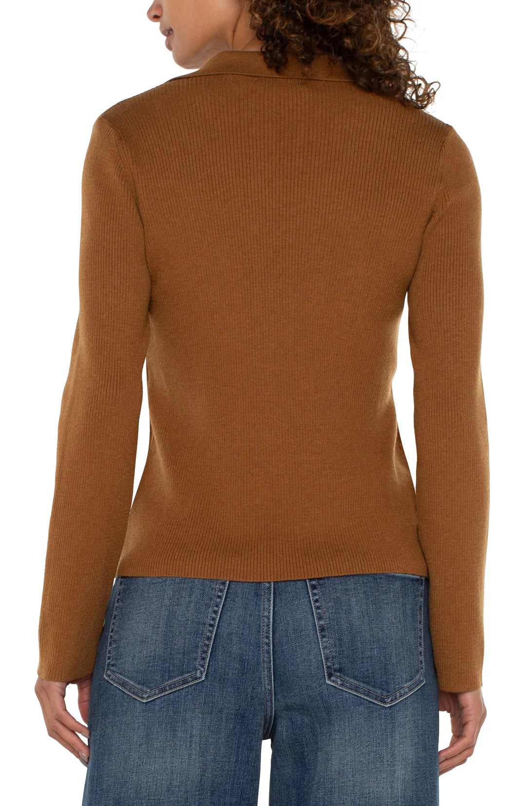 Long Sleeve V-Neck Collared Sweater - Tumeric