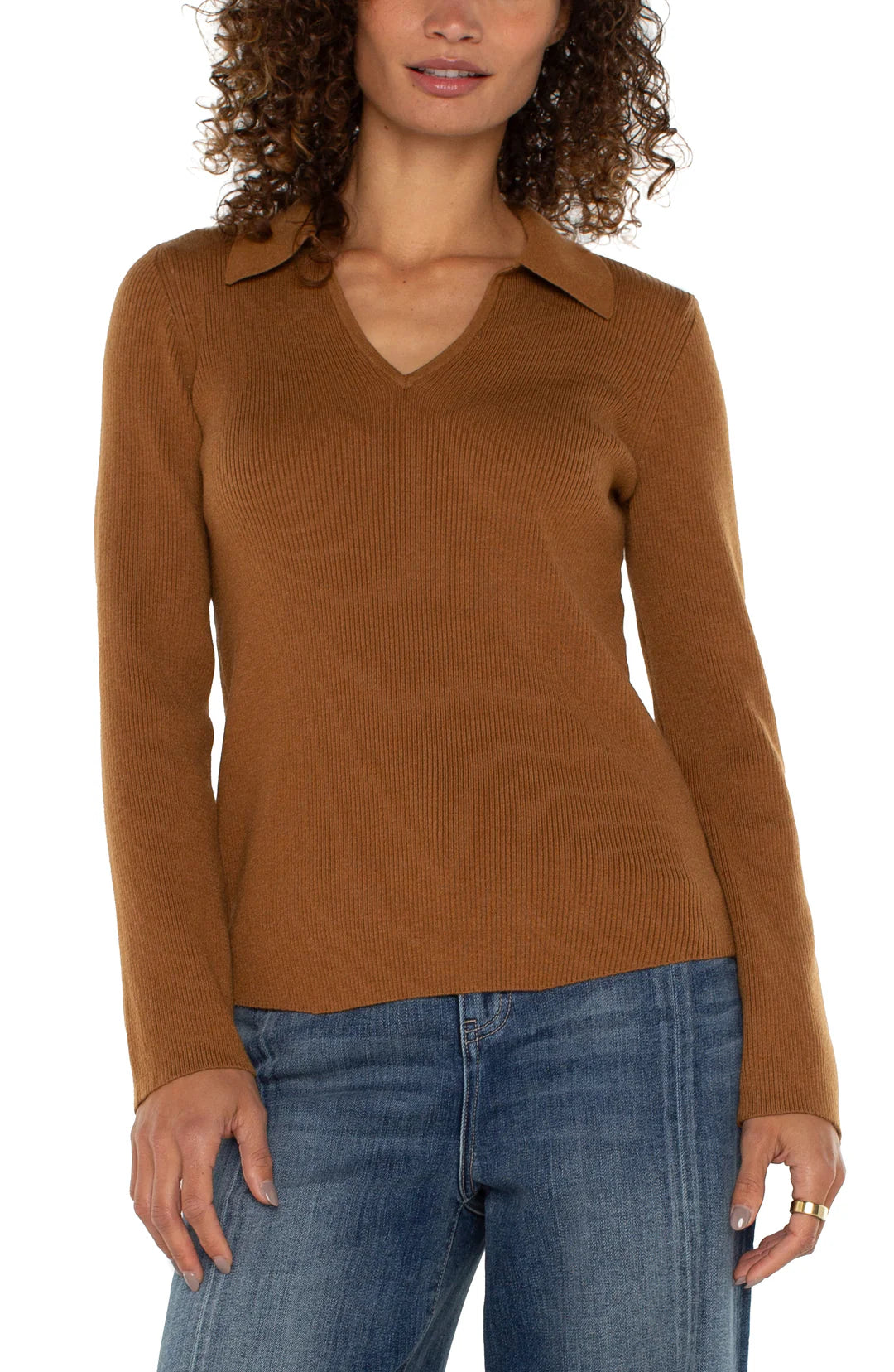 Long Sleeve V-Neck Collared Sweater - Tumeric