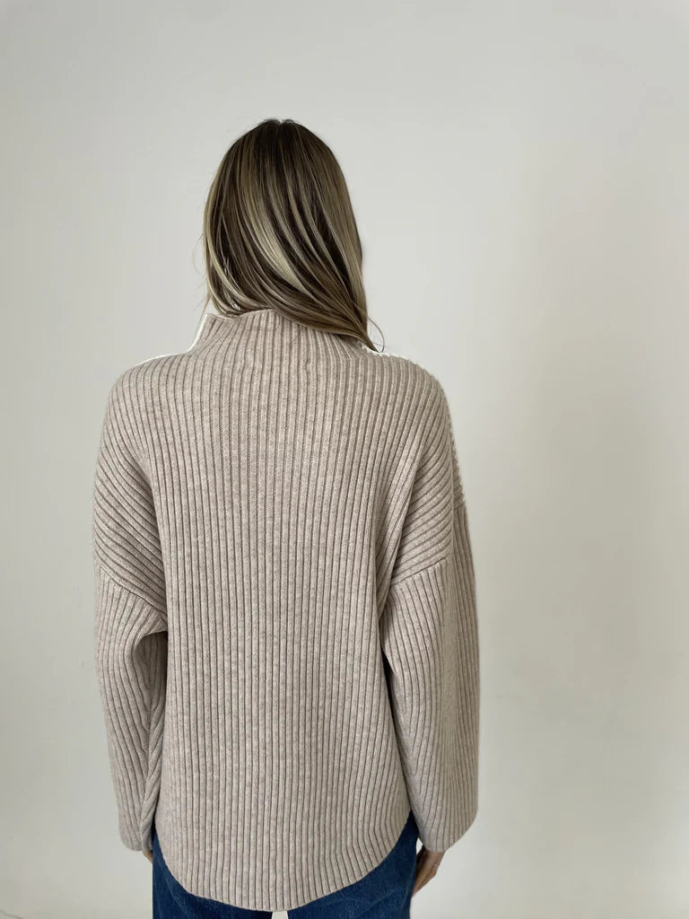 Brynn Funnel Neck Stitched Seam Sweater - Oatmeal