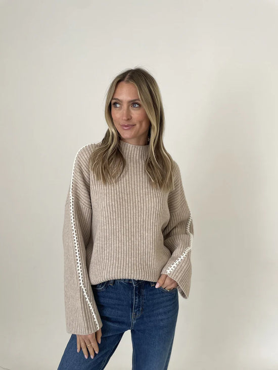 Brynn Funnel Neck Stitched Seam Sweater - Oatmeal