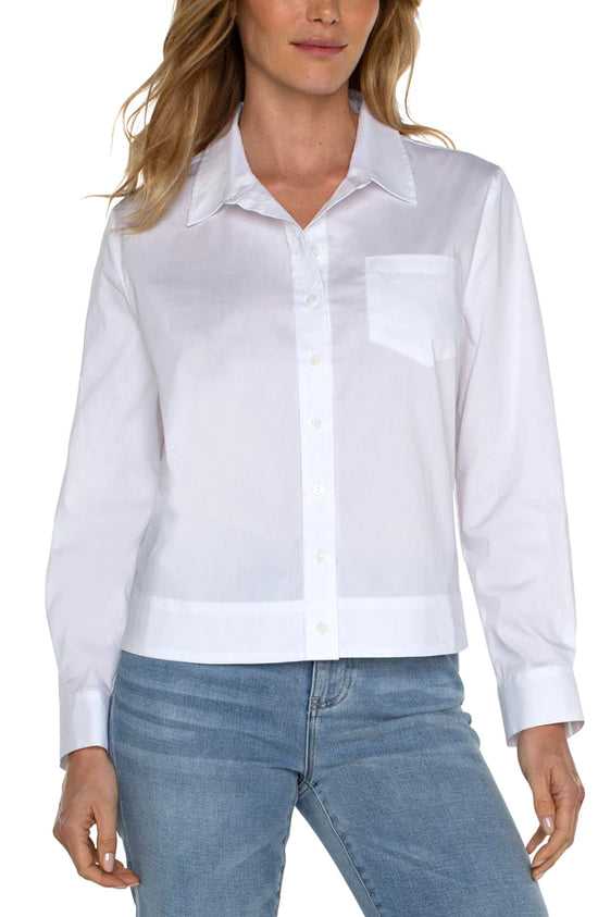 Button Front Top with Elastic Waist - White