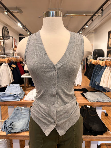 Sleeveless Button Front Tee with V-Neck - Heather Grey