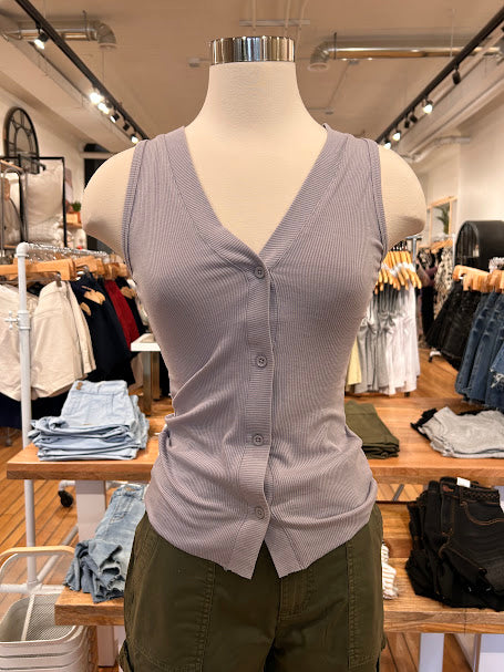 Sleeveless Button Front Tee with V-Neck - Periwinkle