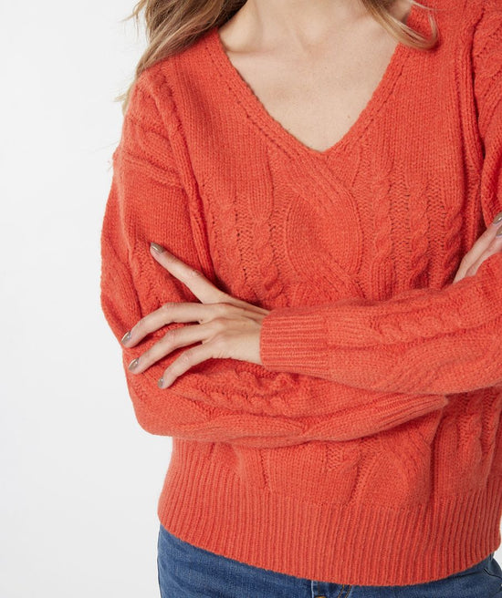 V-Neck Cable Pullover Sweater - Orange