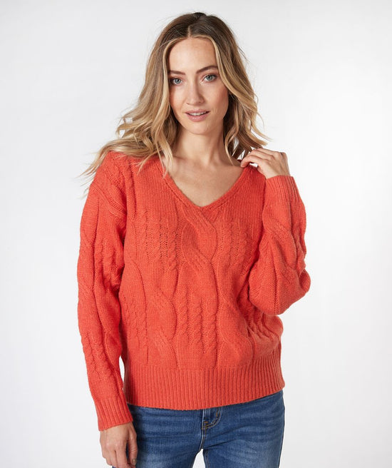 V-Neck Cable Pullover Sweater - Orange