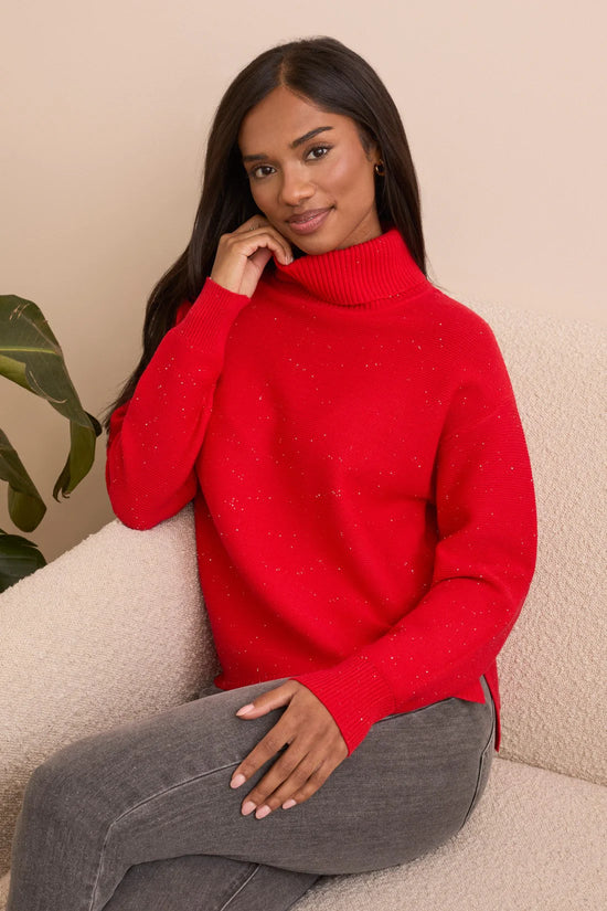 High Low Turtleneck Sweater with Side Slits - Carmine