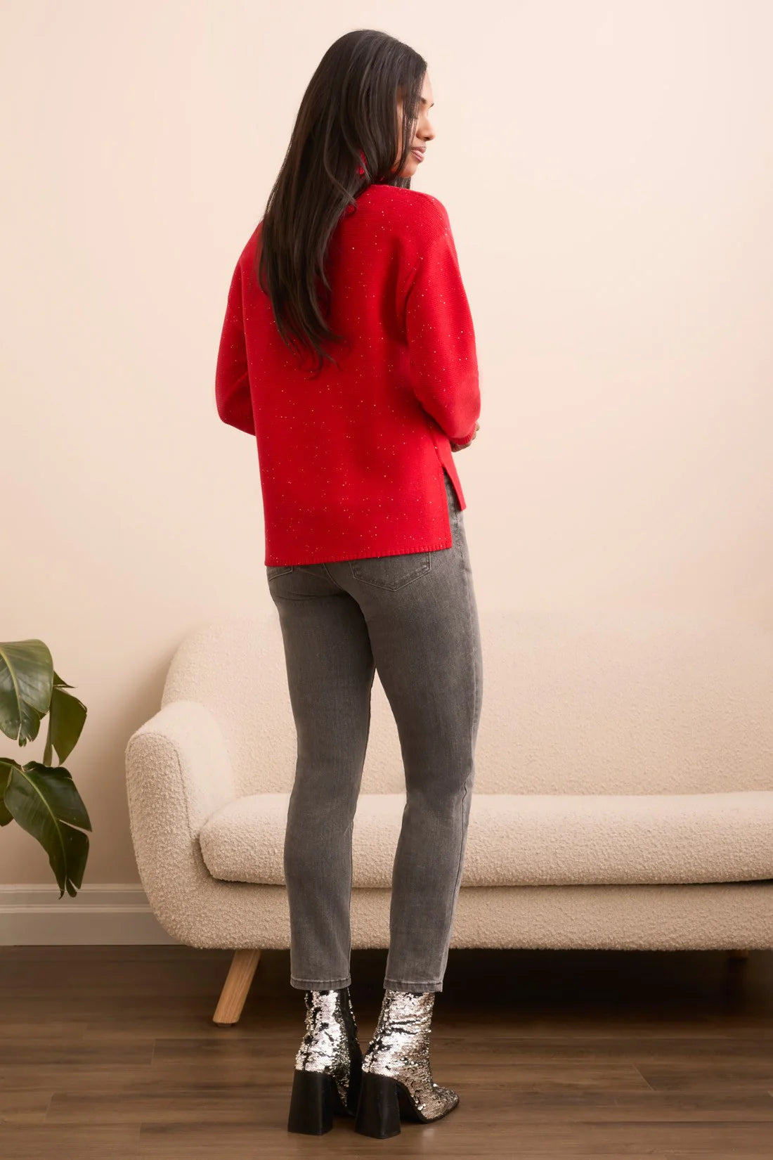 High Low Turtleneck Sweater with Side Slits - Carmine