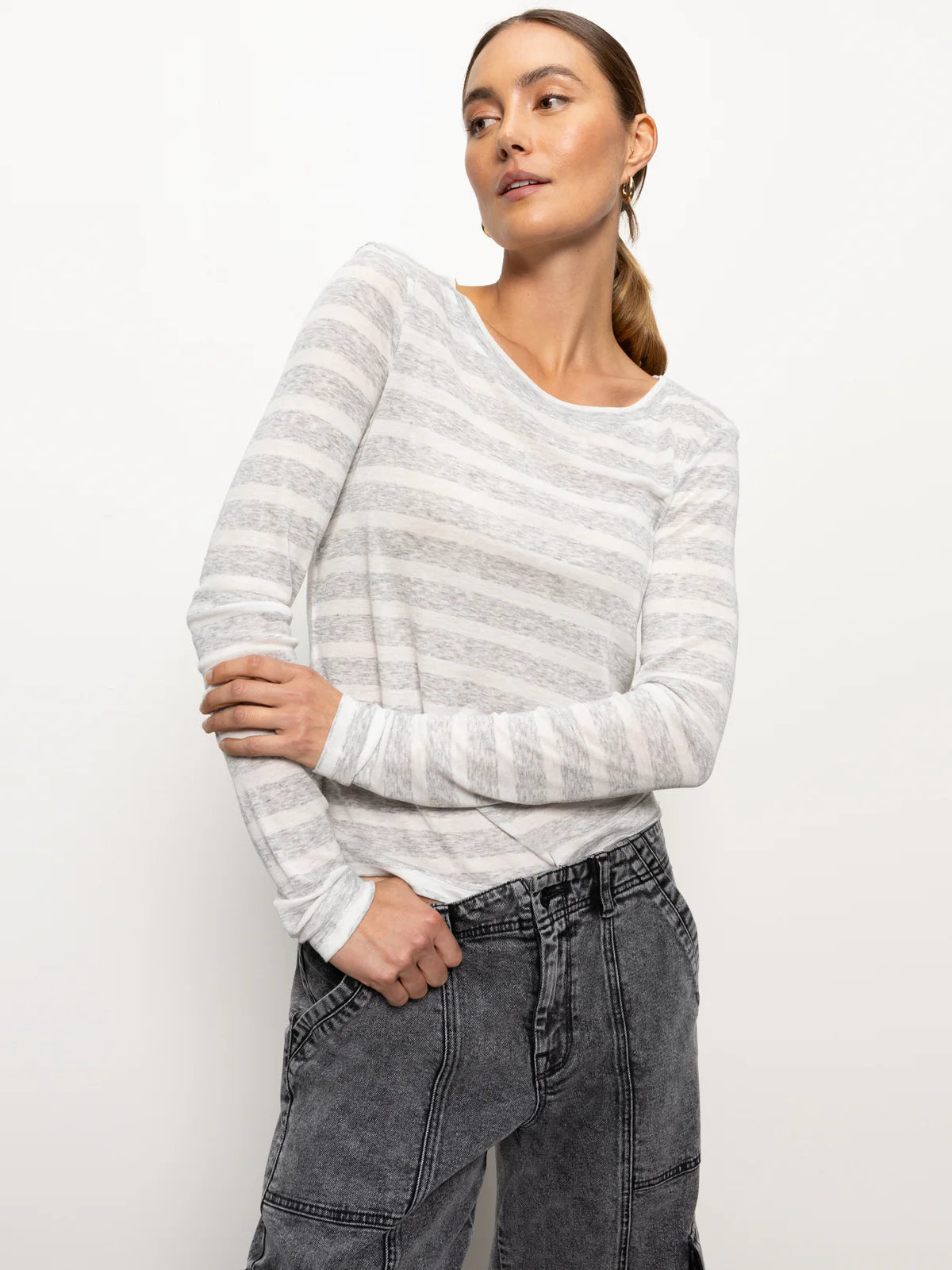 Femme Crew Neck Stripe Tee - Dewey Grey/Chalk