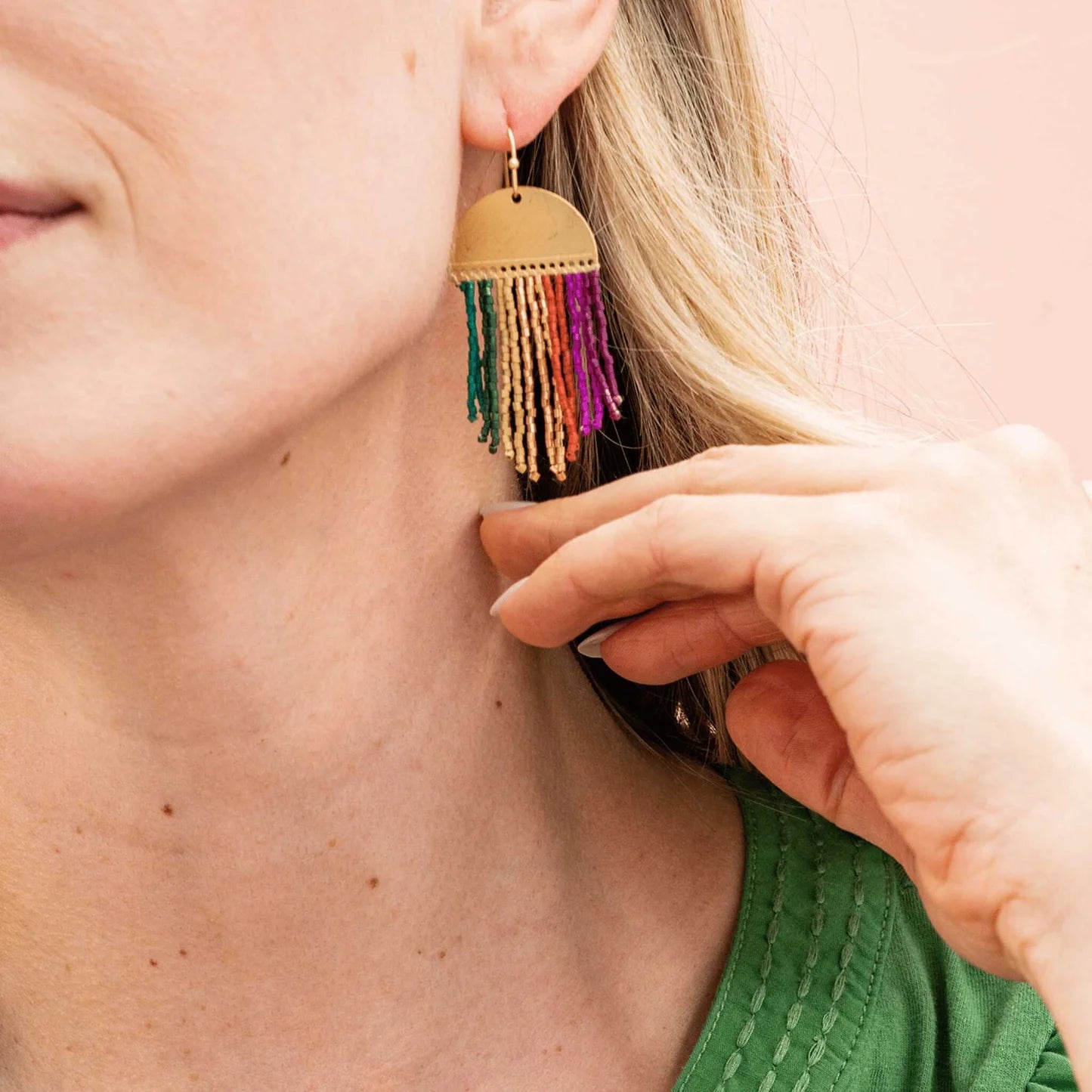 Claudia Multi-Striped Short Beaded Fringe Earrings - Muted