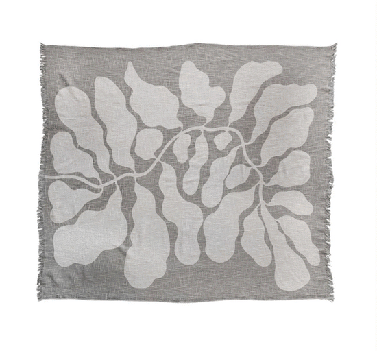 Cotton Slub Throw with Botanical Print & Fringe