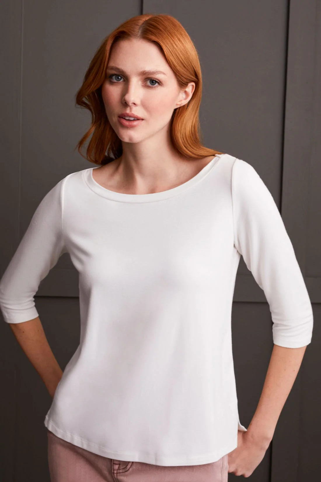 Wide Crew Neck Tee with 3/4 Sleeves - Cream